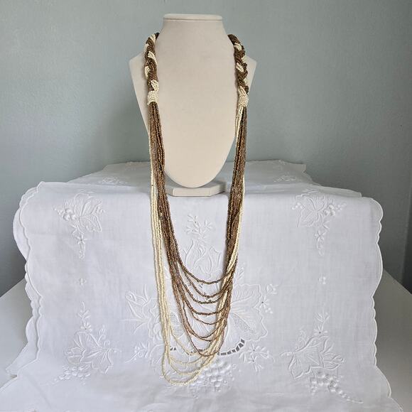 Vintage Beaded Necklace Braided Long Multistrand Cream Bronze Classic Boho Glam - Picture 2 of 12